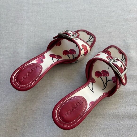 Coach Margot Cherry Print Leather Kitten Heel Slide Sandals - Picture 9 of 10